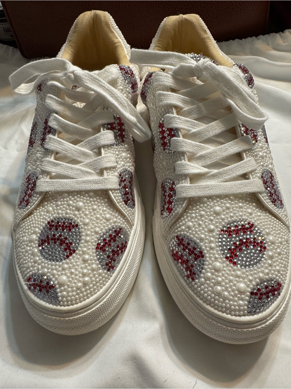 Betsey Johnson White Pearl Sneakers with Red and Silver Baseball Crystal Accents